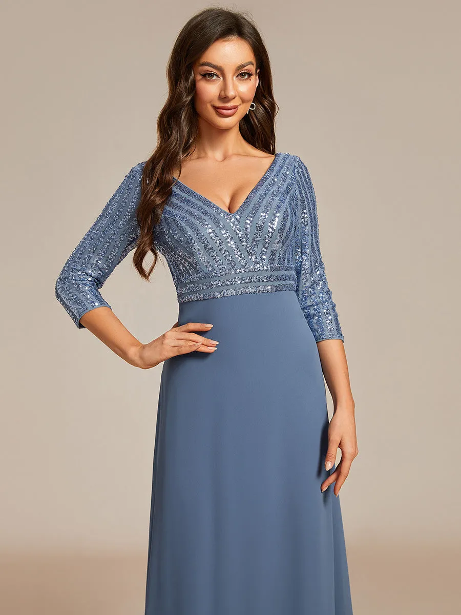 Sexy V Neck A-Line Sequin Wholesale Evening Dresses With 3/4 Sleeve