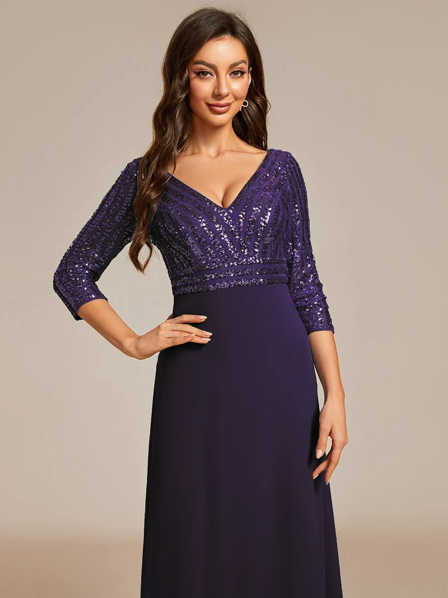 Sexy V Neck A-Line Sequin Wholesale Evening Dresses With 3/4 Sleeve