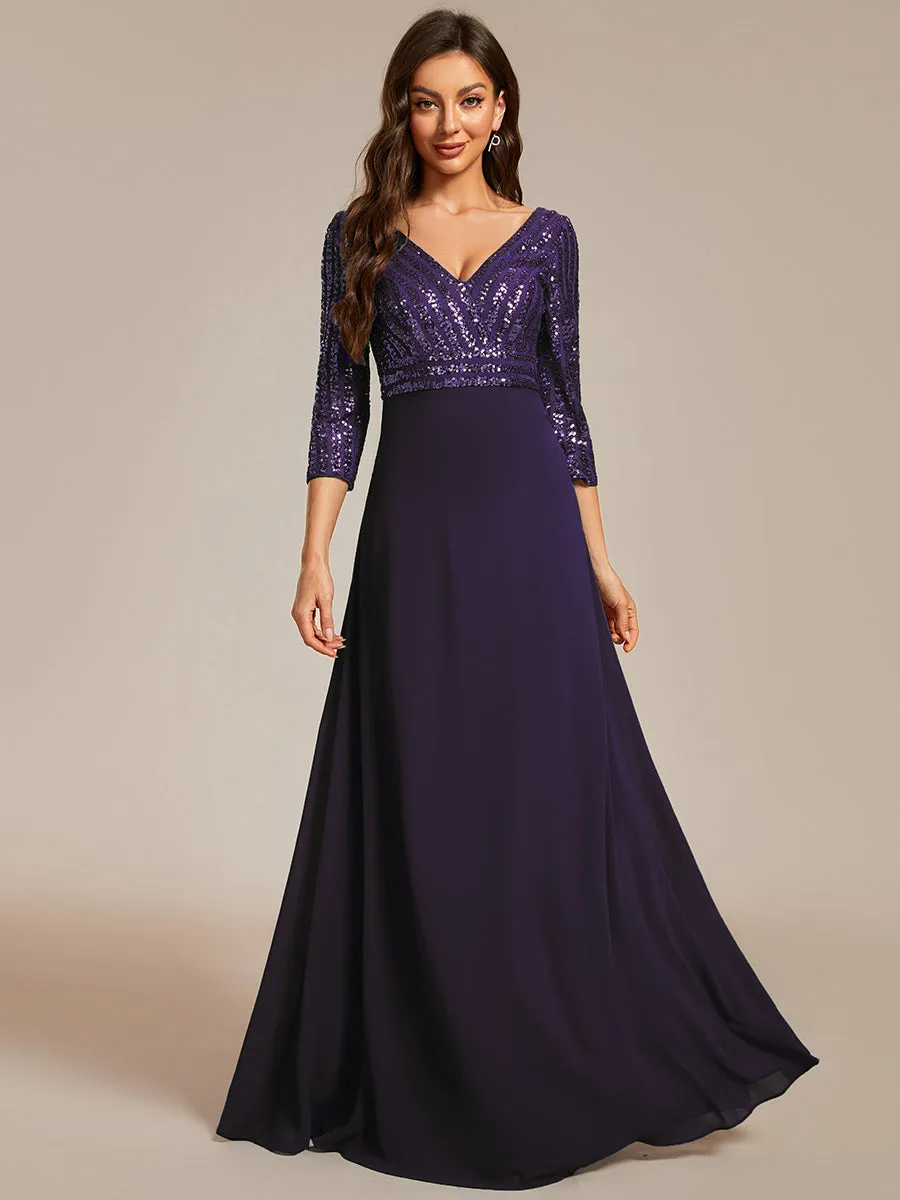 Sexy V Neck A-Line Sequin Wholesale Evening Dresses With 3/4 Sleeve