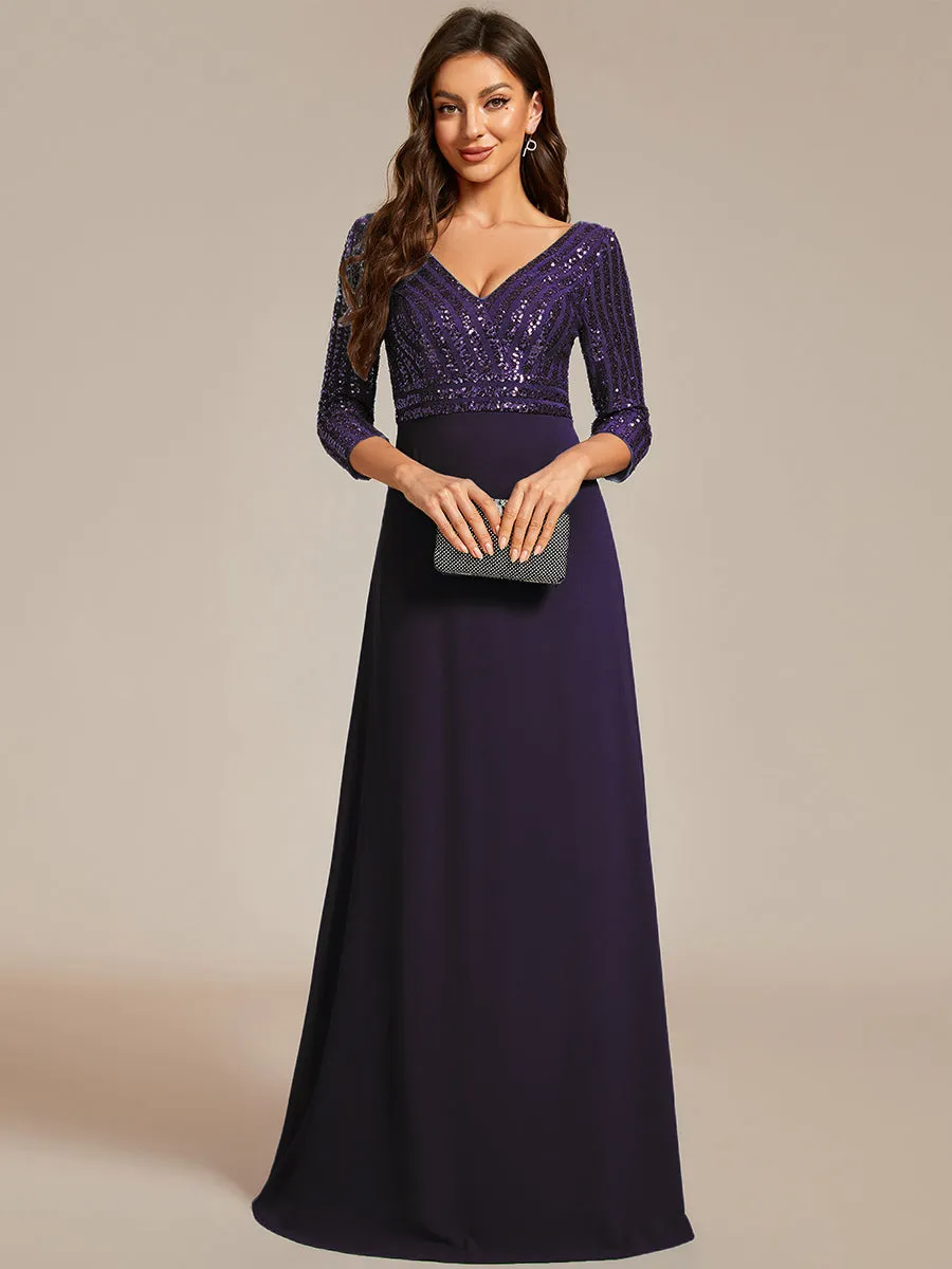 Sexy V Neck A-Line Sequin Wholesale Evening Dresses With 3/4 Sleeve