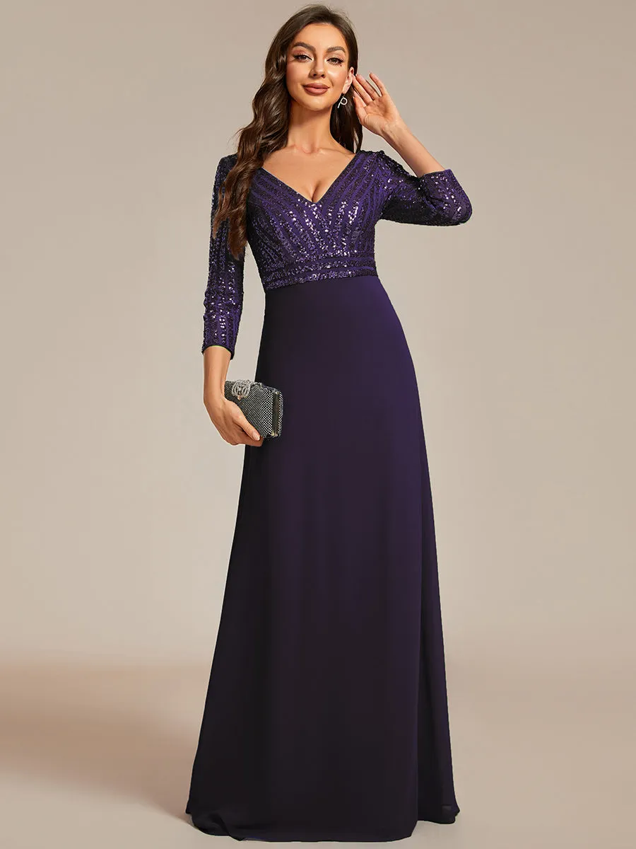 Sexy V Neck A-Line Sequin Wholesale Evening Dresses With 3/4 Sleeve