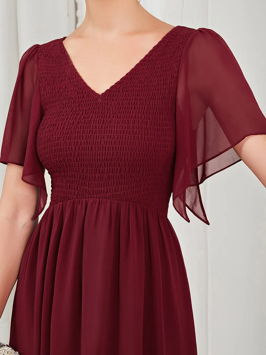 Simple V Neck Short Ruffles Sleeves A Line Wholesale Evening Dresses