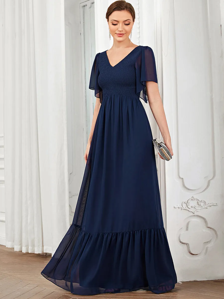 Simple V Neck Short Ruffles Sleeves A Line Wholesale Evening Dresses