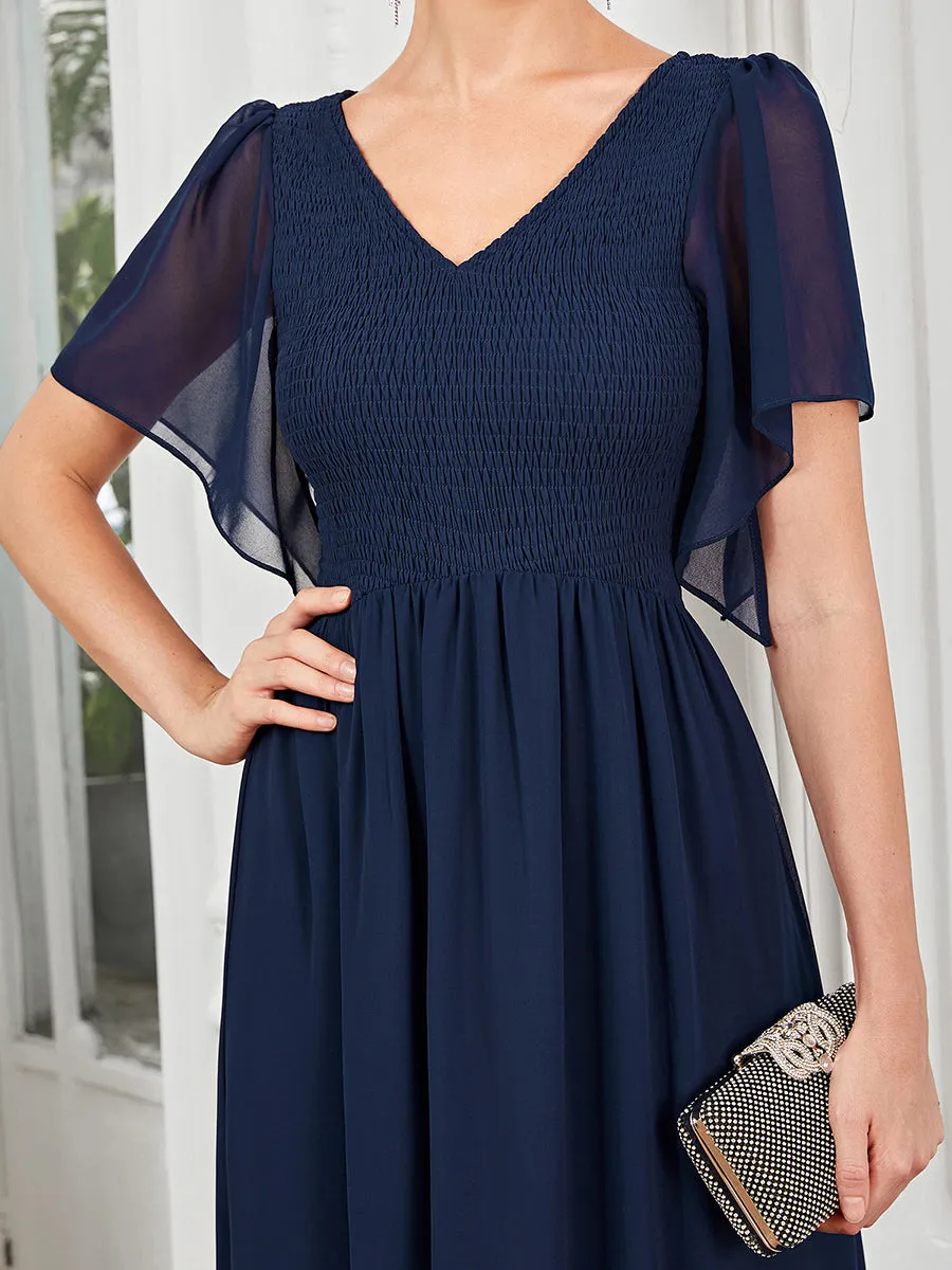 Simple V Neck Short Ruffles Sleeves A Line Wholesale Evening Dresses