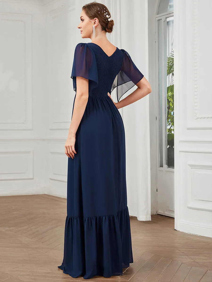 Simple V Neck Short Ruffles Sleeves A Line Wholesale Evening Dresses