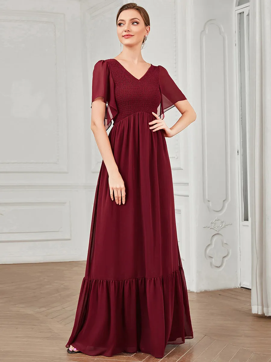 Simple V Neck Short Ruffles Sleeves A Line Wholesale Evening Dresses