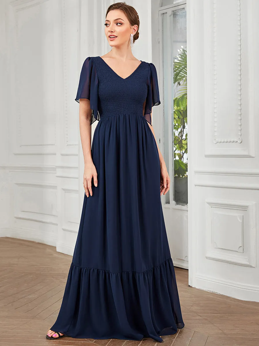 Simple V Neck Short Ruffles Sleeves A Line Wholesale Evening Dresses