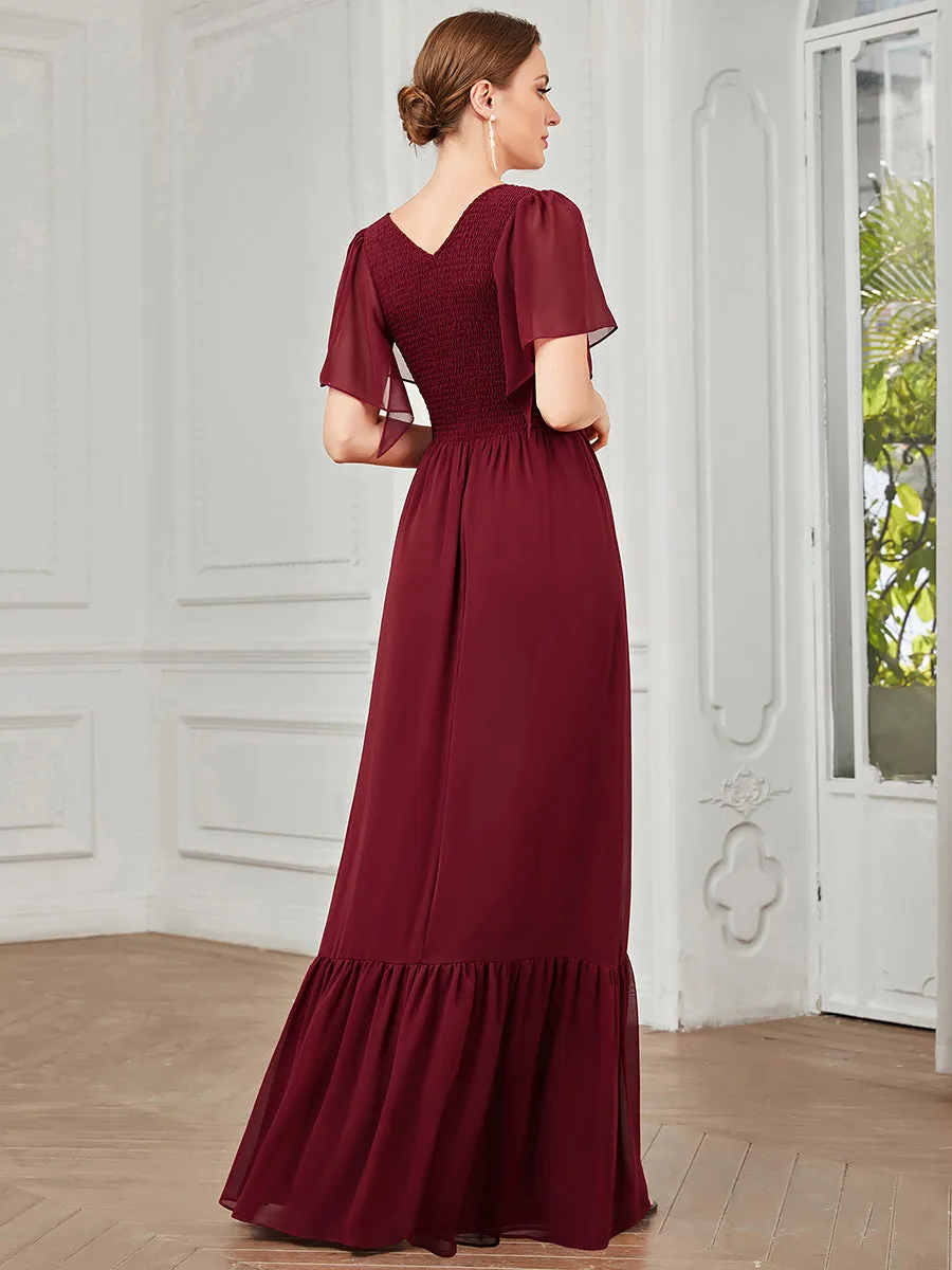 Simple V Neck Short Ruffles Sleeves A Line Wholesale Evening Dresses