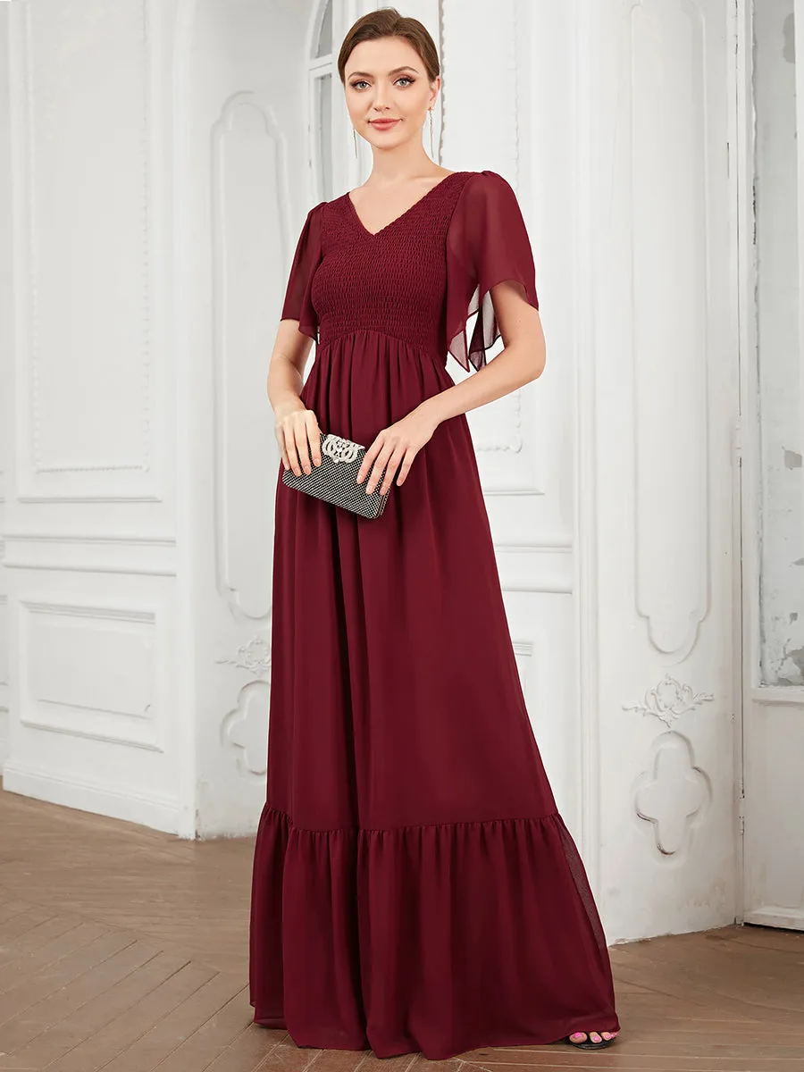 Simple V Neck Short Ruffles Sleeves A Line Wholesale Evening Dresses