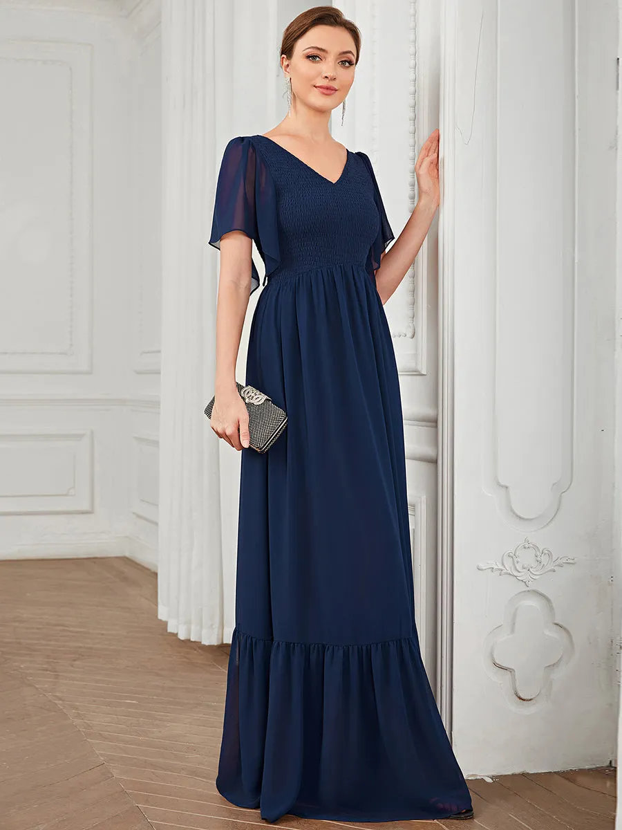 Simple V Neck Short Ruffles Sleeves A Line Wholesale Evening Dresses