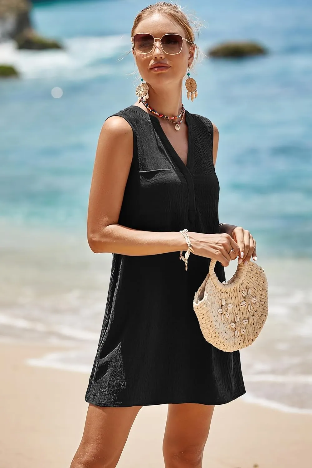 SimpleFun Womens Swimsuit Coverup V-Neck Bathing Suit Cover Up Swimwear Sleeveless Beach Cover Ups Dress With Front Pockets