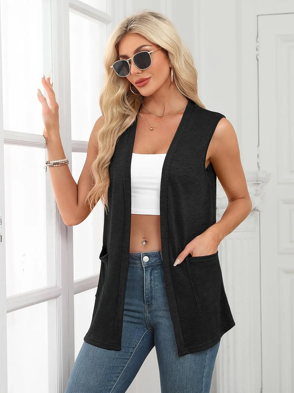 Summer Vest for Women Lightweight Fashion Casual Soft Knit Sleeveless Cardigan Curved Hem with Cozy Pockets (S-3XL)
