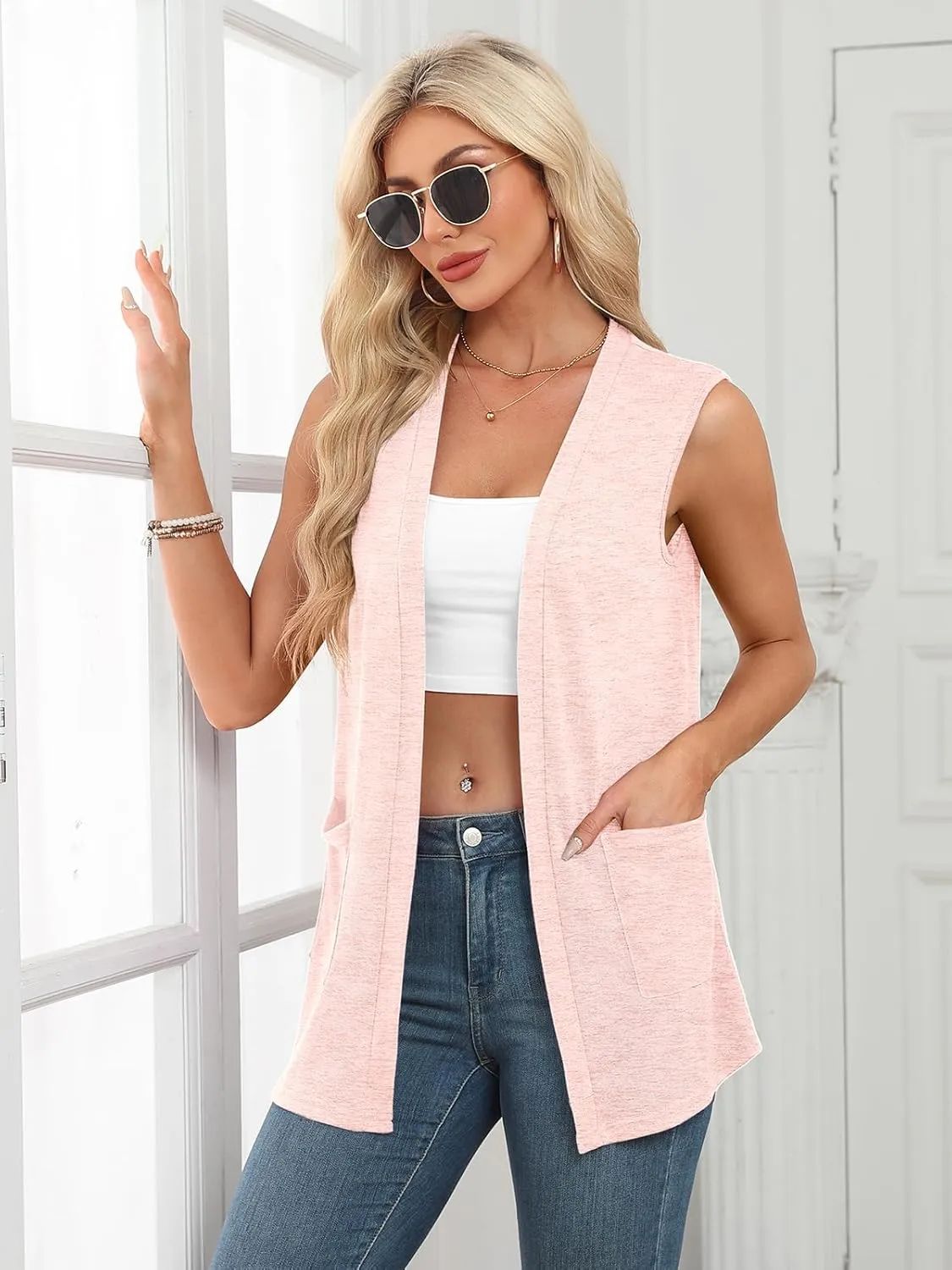 Summer Vest for Women Lightweight Fashion Casual Soft Knit Sleeveless Cardigan Curved Hem with Cozy Pockets (S-3XL)