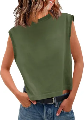 Tankaneo Womens Cropped Cap Sleeve Tank Tops Summer Casual Loose Fit Basic Tee Shirts