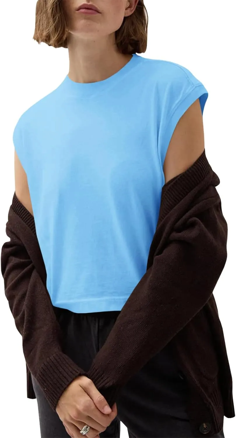 Tankaneo Womens Cropped Cap Sleeve Tank Tops Summer Casual Loose Fit Basic Tee Shirts