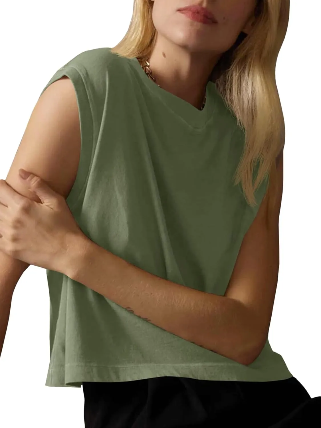Tankaneo Womens Cropped Cap Sleeve Tank Tops Summer Casual Loose Fit Basic Tee Shirts