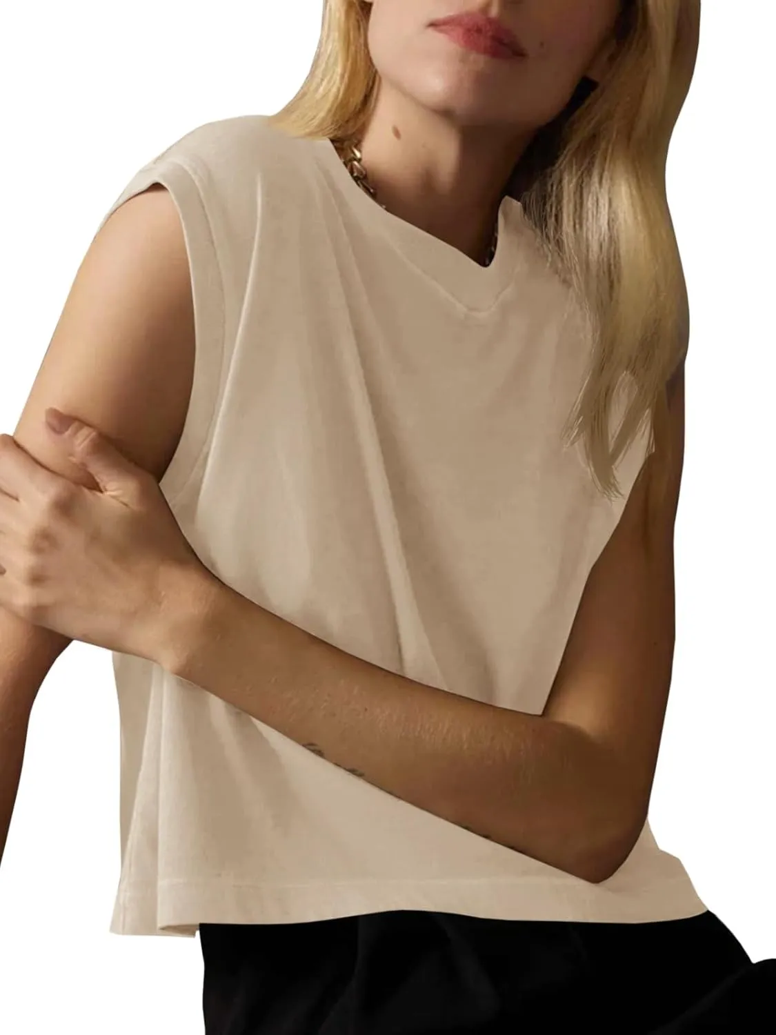 Tankaneo Womens Cropped Cap Sleeve Tank Tops Summer Casual Loose Fit Basic Tee Shirts