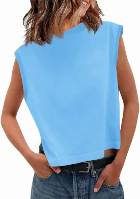 Tankaneo Womens Cropped Cap Sleeve Tank Tops Summer Casual Loose Fit Basic Tee Shirts