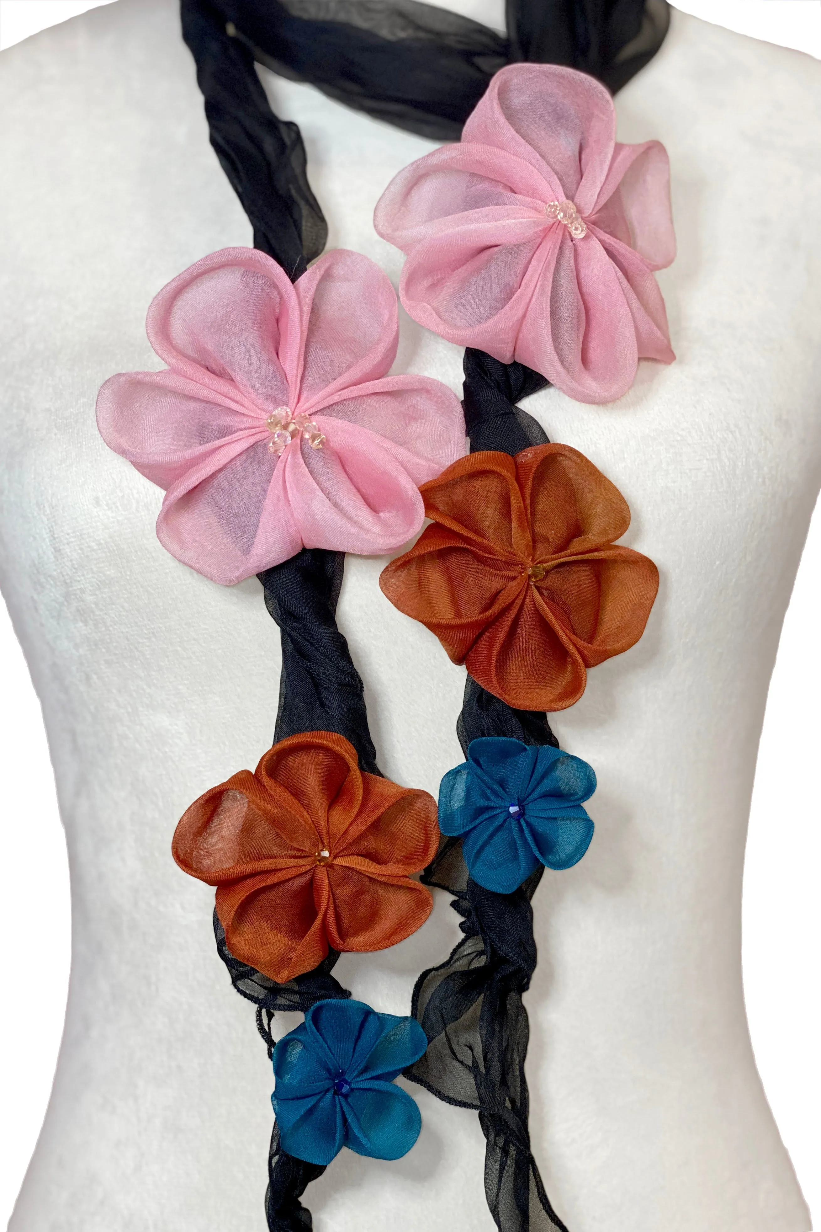 Tsumami Flower Scarf - Black & Pink, Rust, Teal