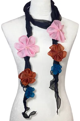 Tsumami Flower Scarf - Black & Pink, Rust, Teal