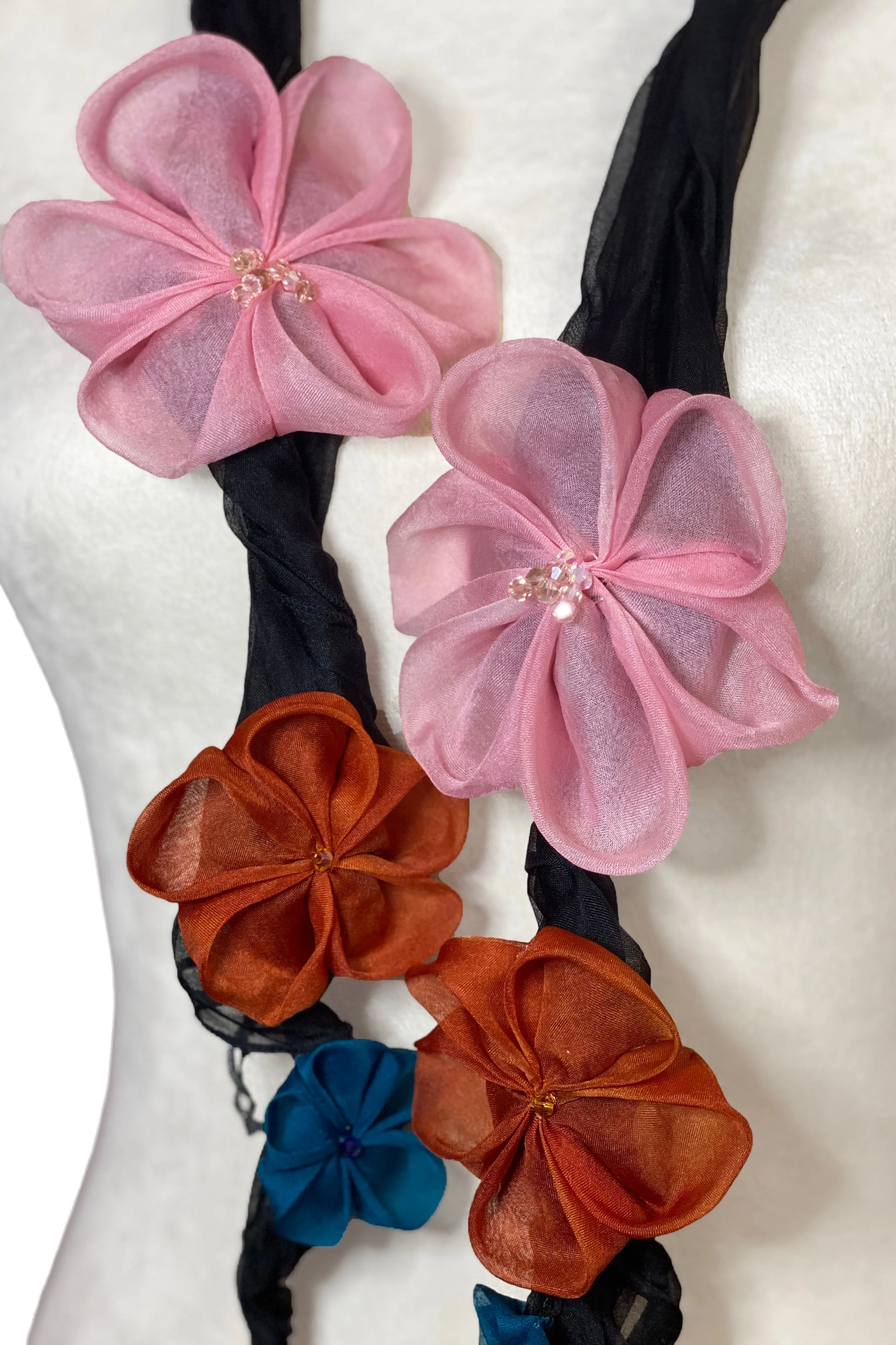 Tsumami Flower Scarf - Black & Pink, Rust, Teal
