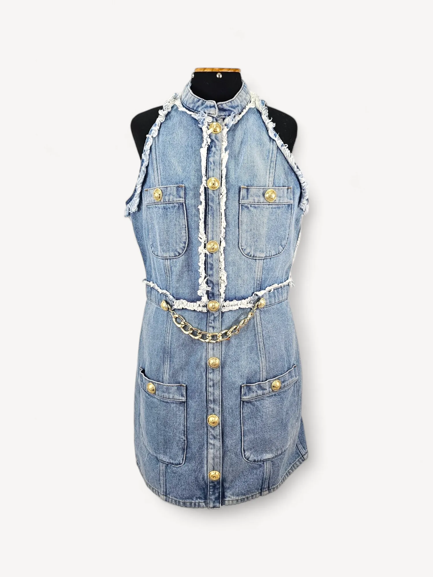 Vestido Balmain Jeans Slim com Detalhes de Corrente