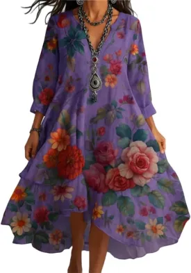 Women's Boho Floral Midi Dresses 3/4 Long Sleeve Flowy Swing Hem Casual Summer A Line Dress