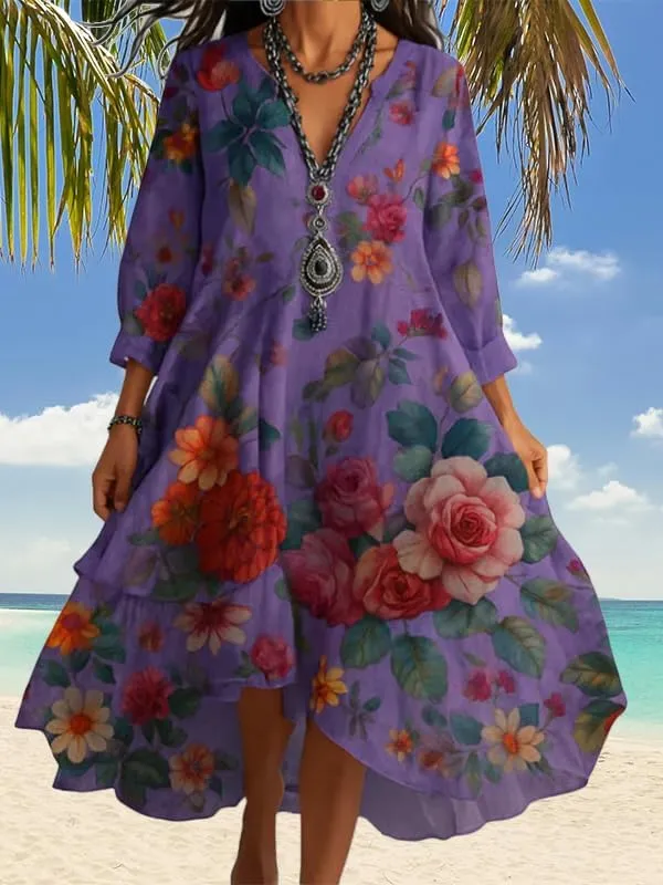 Women's Boho Floral Midi Dresses 3/4 Long Sleeve Flowy Swing Hem Casual Summer A Line Dress