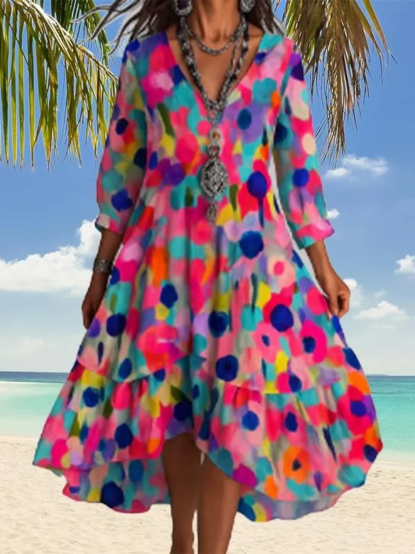 Women's Boho Floral Midi Dresses 3/4 Long Sleeve Flowy Swing Hem Casual Summer A Line Dress