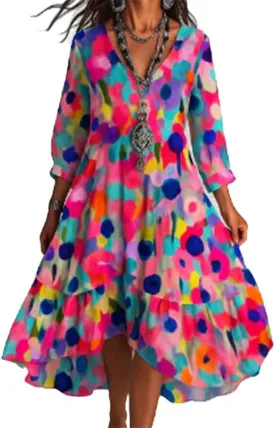 Women's Boho Floral Midi Dresses 3/4 Long Sleeve Flowy Swing Hem Casual Summer A Line Dress