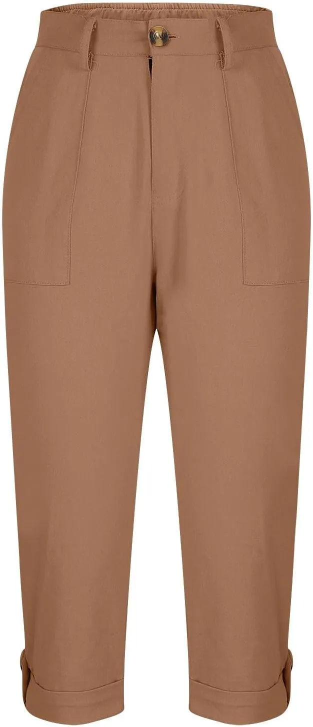 Womens Capris with Pockets Stretch Lightweight Casual Cargo Pants Rolled Hem Summer Cropped Trousers Outdoor Clothes
