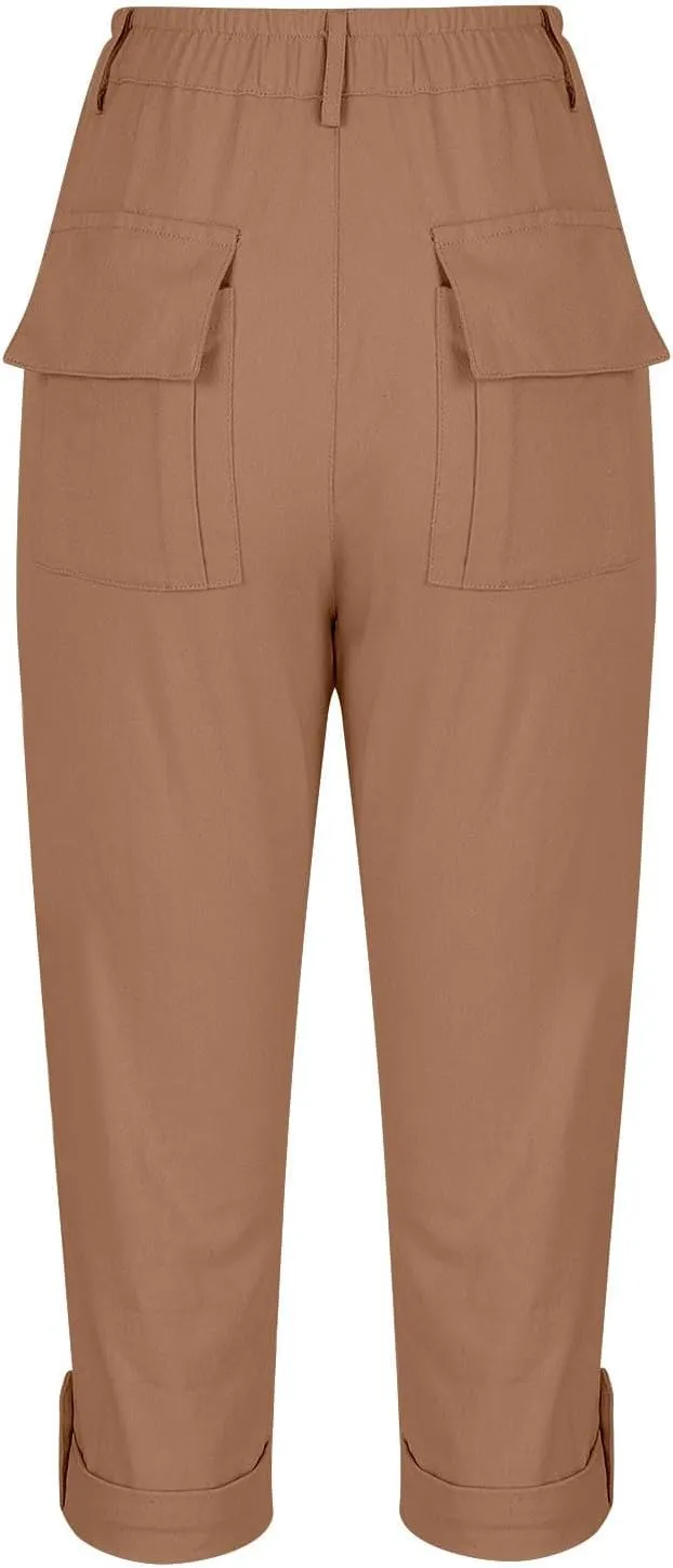 Womens Capris with Pockets Stretch Lightweight Casual Cargo Pants Rolled Hem Summer Cropped Trousers Outdoor Clothes