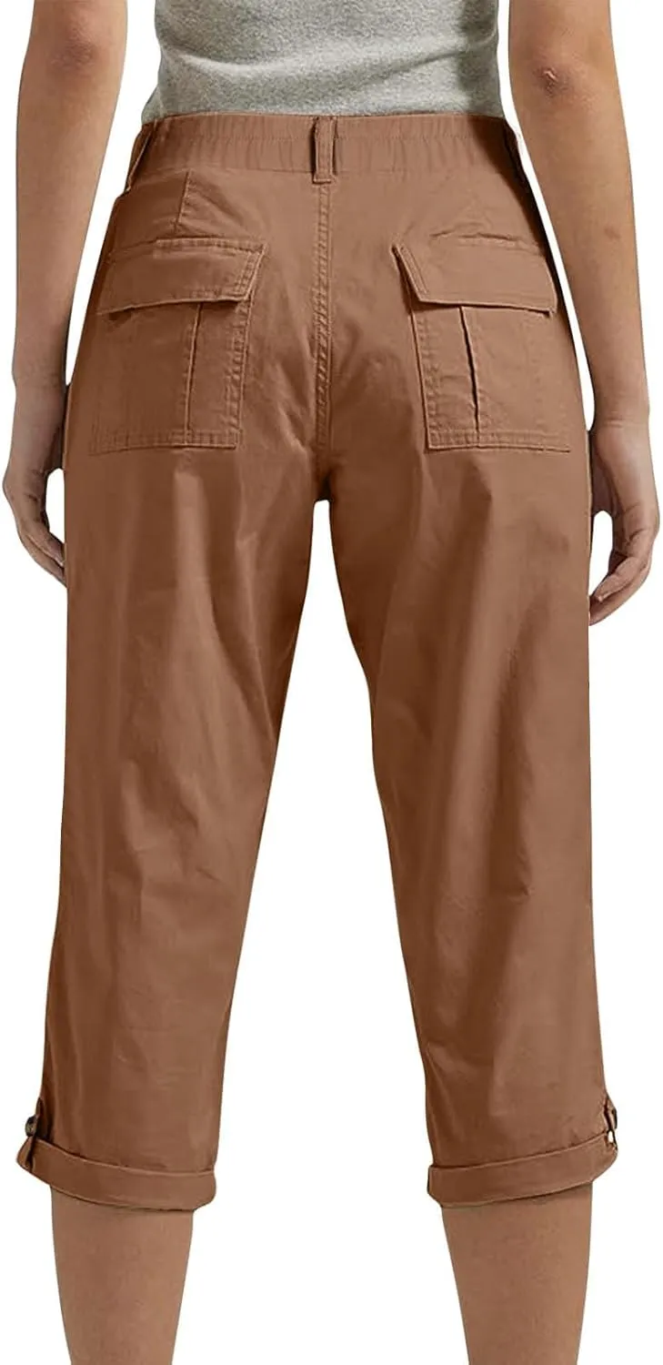 Womens Capris with Pockets Stretch Lightweight Casual Cargo Pants Rolled Hem Summer Cropped Trousers Outdoor Clothes