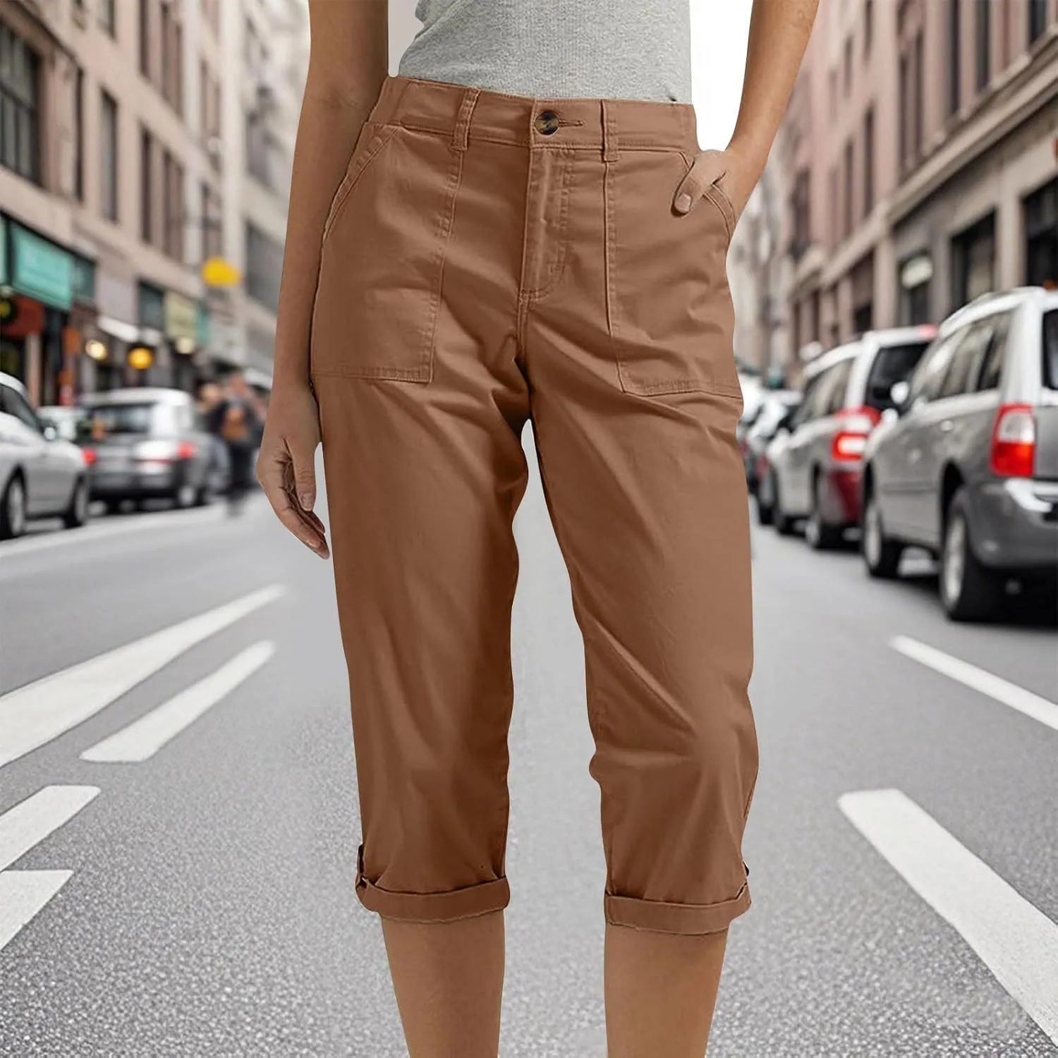 Womens Capris with Pockets Stretch Lightweight Casual Cargo Pants Rolled Hem Summer Cropped Trousers Outdoor Clothes