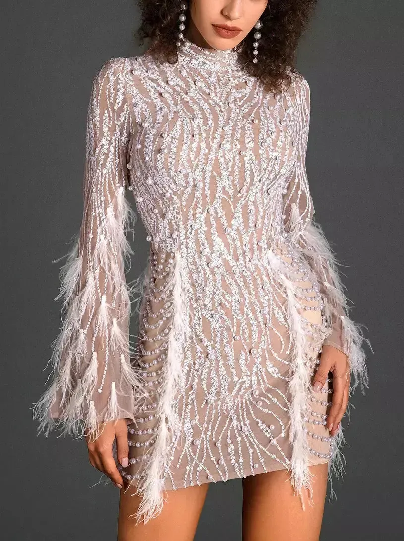 Women’s Embellished Feather-Trim Mock-Neck Mesh Mini Dress