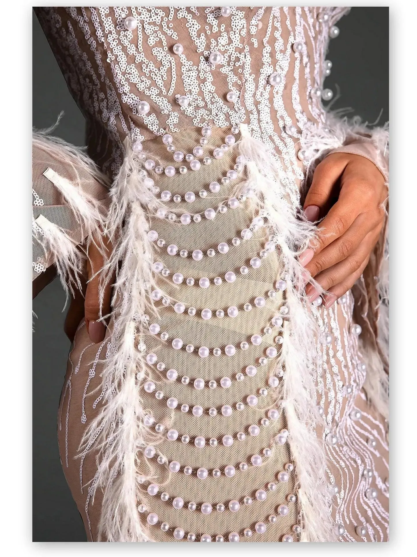 Women’s Embellished Feather-Trim Mock-Neck Mesh Mini Dress