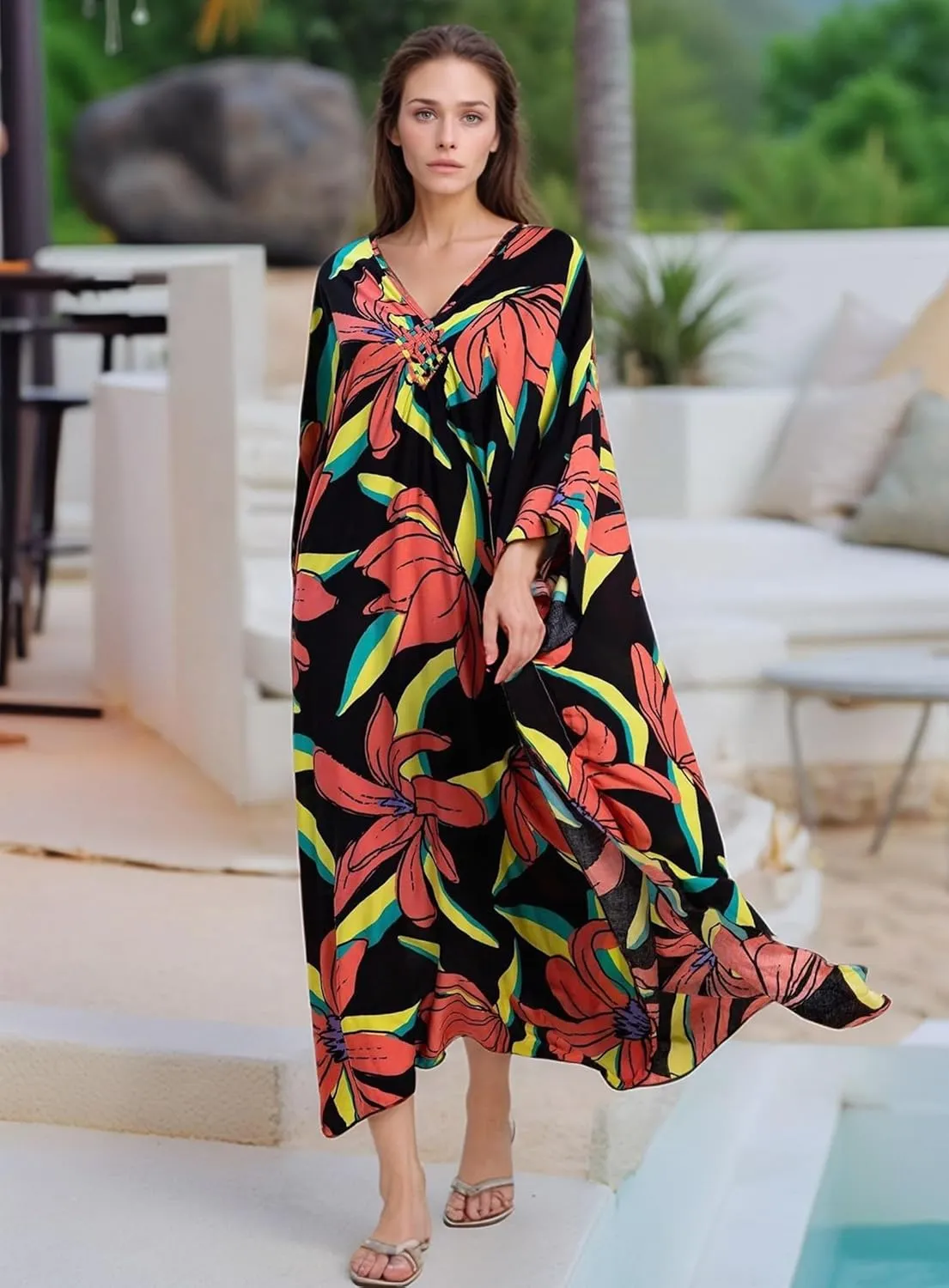 Women's Kaftan Dresses 2025 V Neck Batwing Sleeve Beach Cover Ups Plus Size Lightweight Caftans for Swimwear