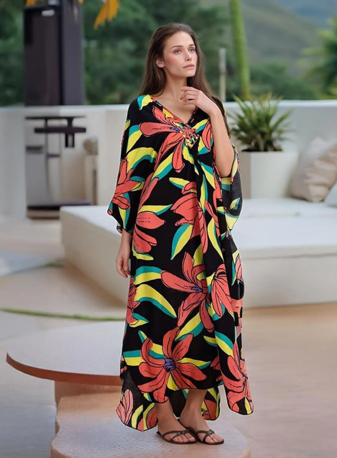Women's Kaftan Dresses 2025 V Neck Batwing Sleeve Beach Cover Ups Plus Size Lightweight Caftans for Swimwear
