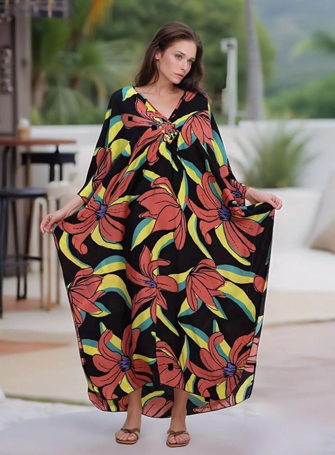 Women's Kaftan Dresses 2025 V Neck Batwing Sleeve Beach Cover Ups Plus Size Lightweight Caftans for Swimwear