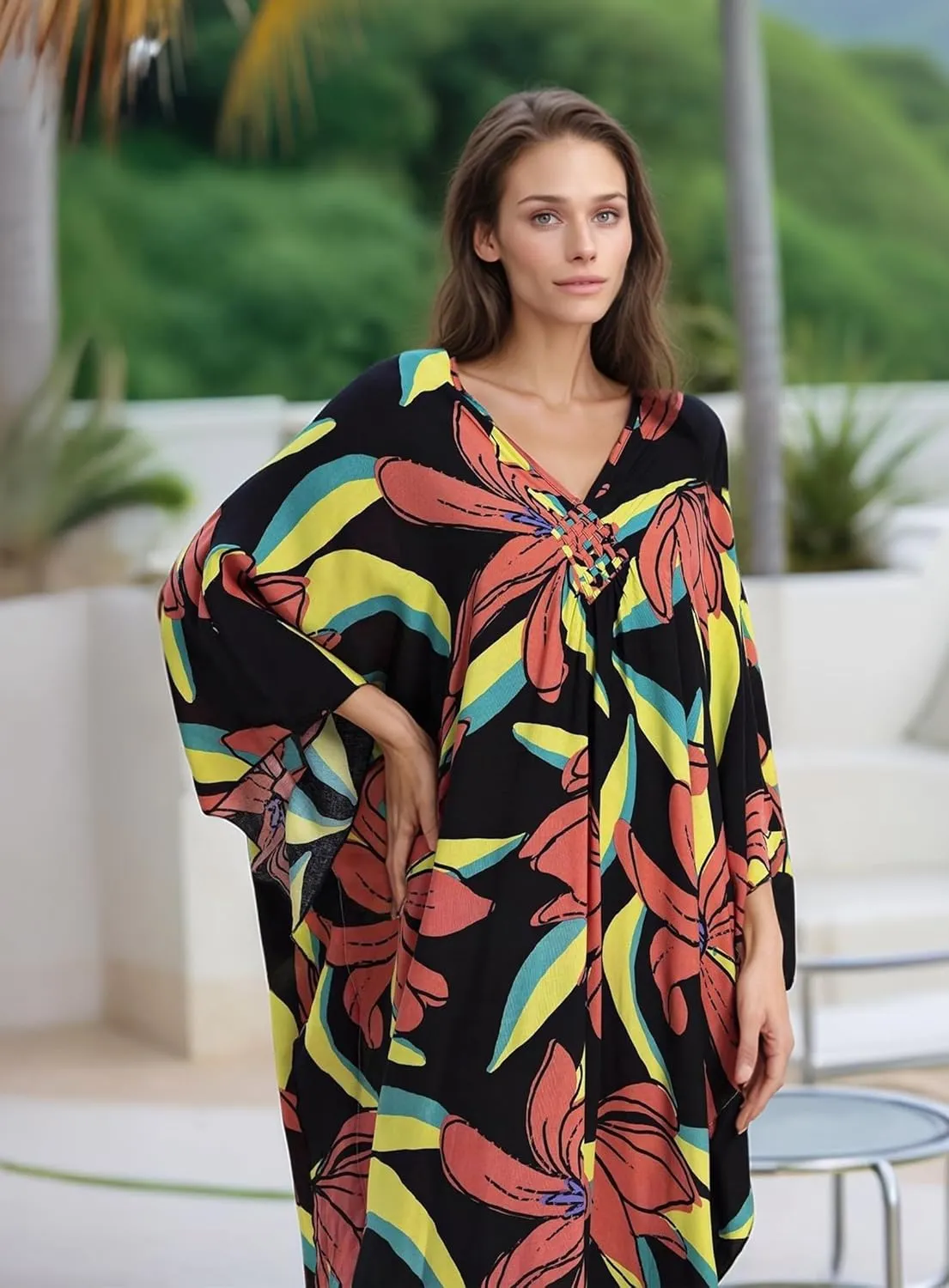 Women's Kaftan Dresses 2025 V Neck Batwing Sleeve Beach Cover Ups Plus Size Lightweight Caftans for Swimwear