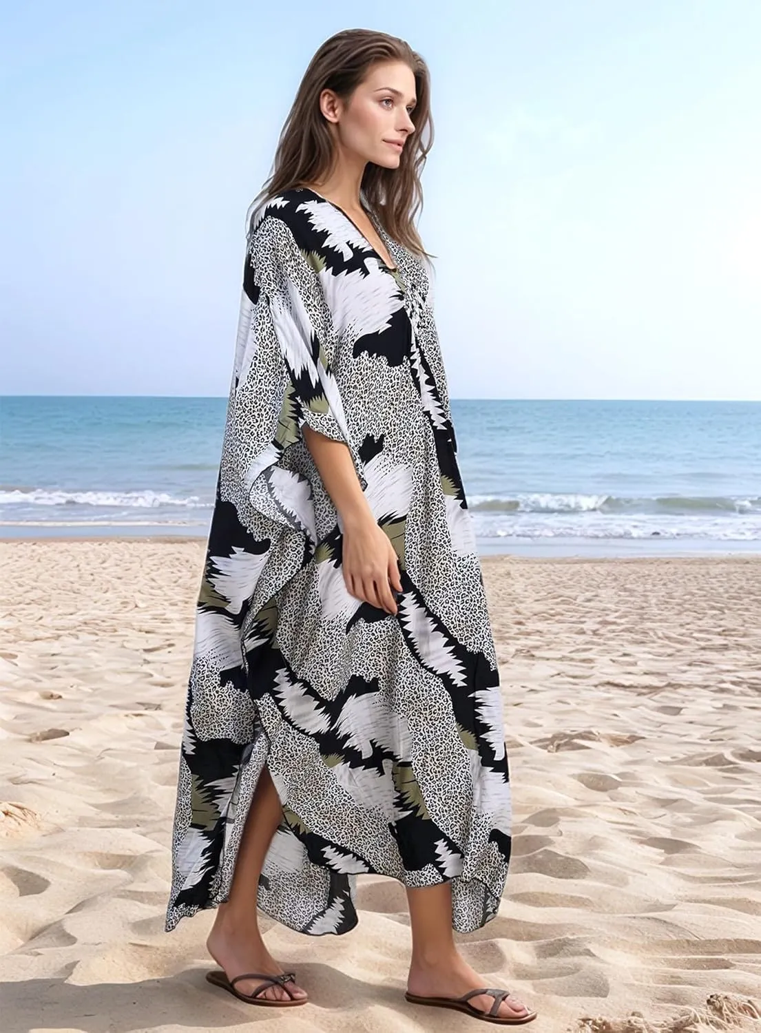 Women's Kaftan Dresses 2025 V Neck Batwing Sleeve Beach Cover Ups Plus Size Lightweight Caftans for Swimwear