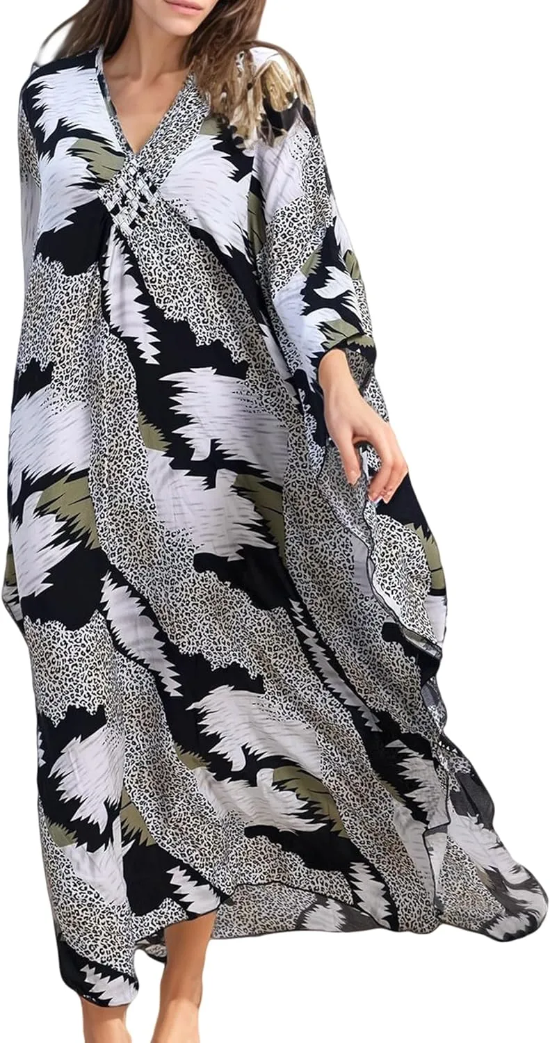 Women's Kaftan Dresses 2025 V Neck Batwing Sleeve Beach Cover Ups Plus Size Lightweight Caftans for Swimwear
