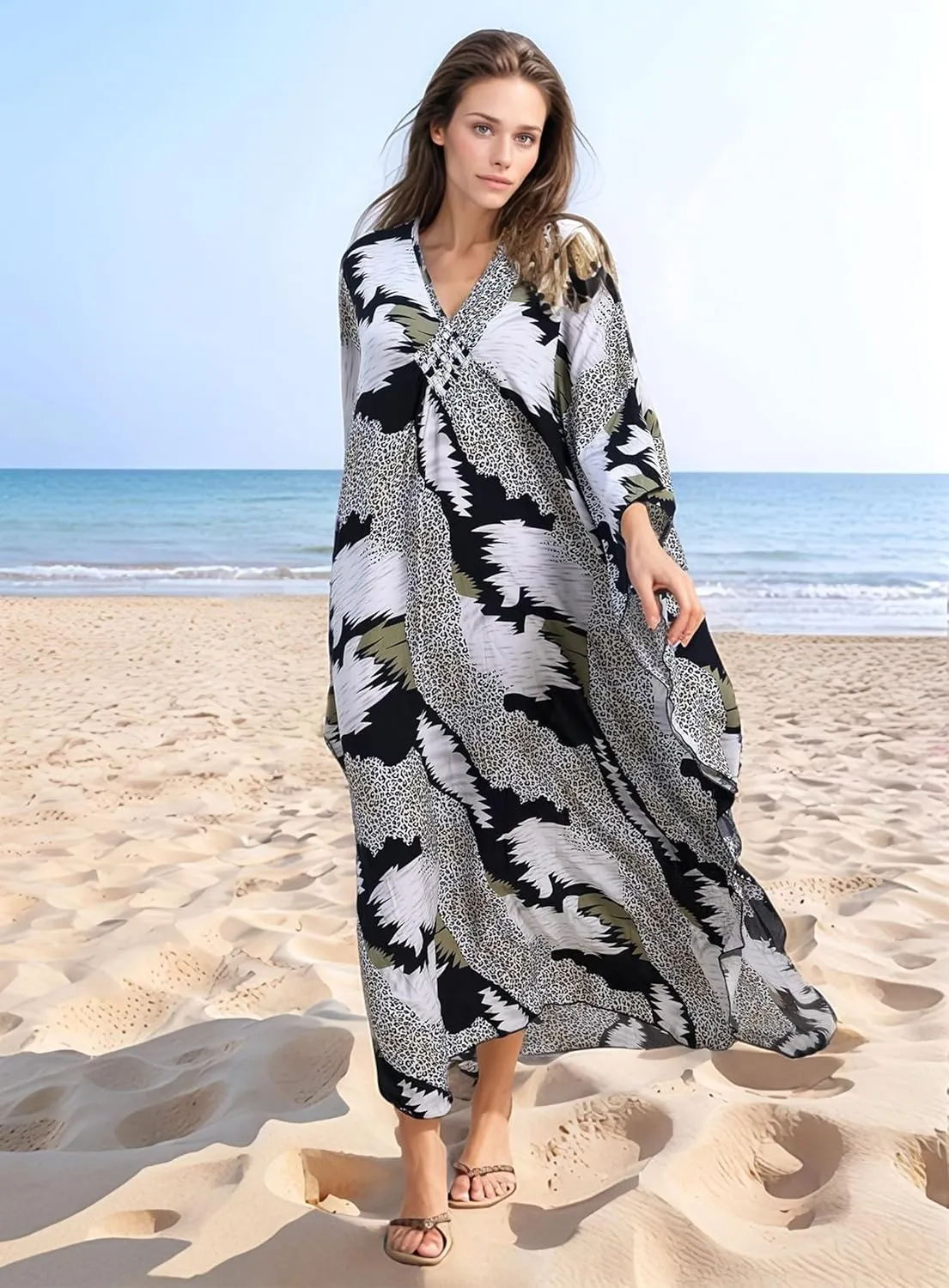 Women's Kaftan Dresses 2025 V Neck Batwing Sleeve Beach Cover Ups Plus Size Lightweight Caftans for Swimwear