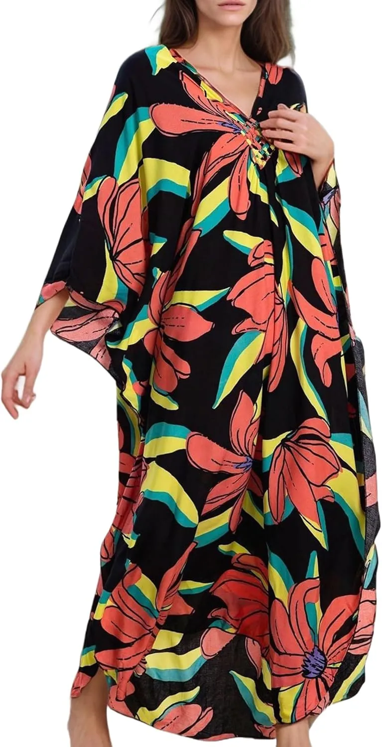 Women's Kaftan Dresses 2025 V Neck Batwing Sleeve Beach Cover Ups Plus Size Lightweight Caftans for Swimwear