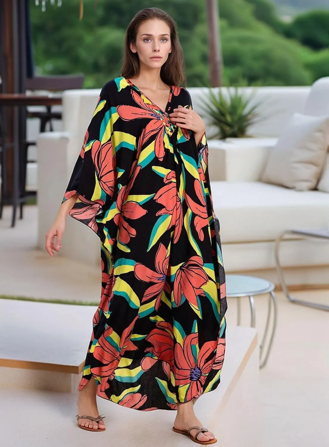 Women's Kaftan Dresses 2025 V Neck Batwing Sleeve Beach Cover Ups Plus Size Lightweight Caftans for Swimwear