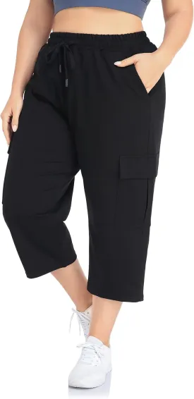 ZERDOCEAN Women's Plus Size Cargo Capri Sweatpants Active Workout Casual Sweat Crop Pants Pockets Drawstring
