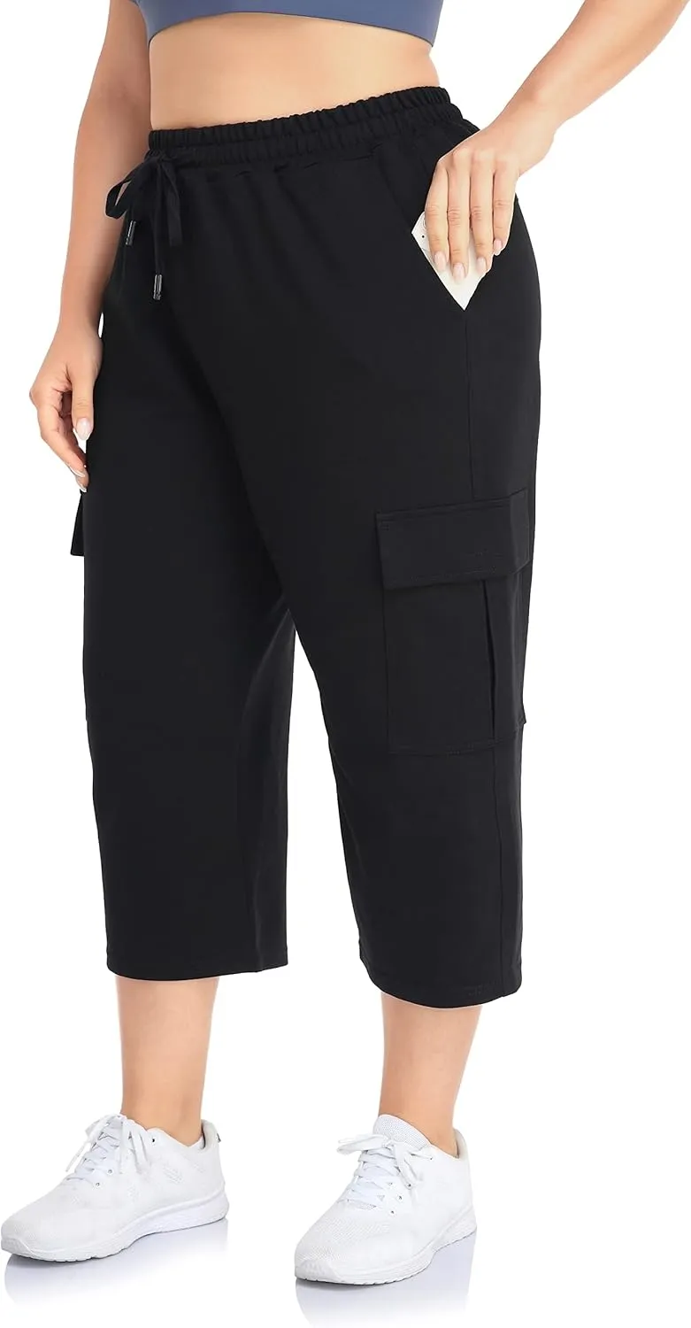 ZERDOCEAN Women's Plus Size Cargo Capri Sweatpants Active Workout Casual Sweat Crop Pants Pockets Drawstring
