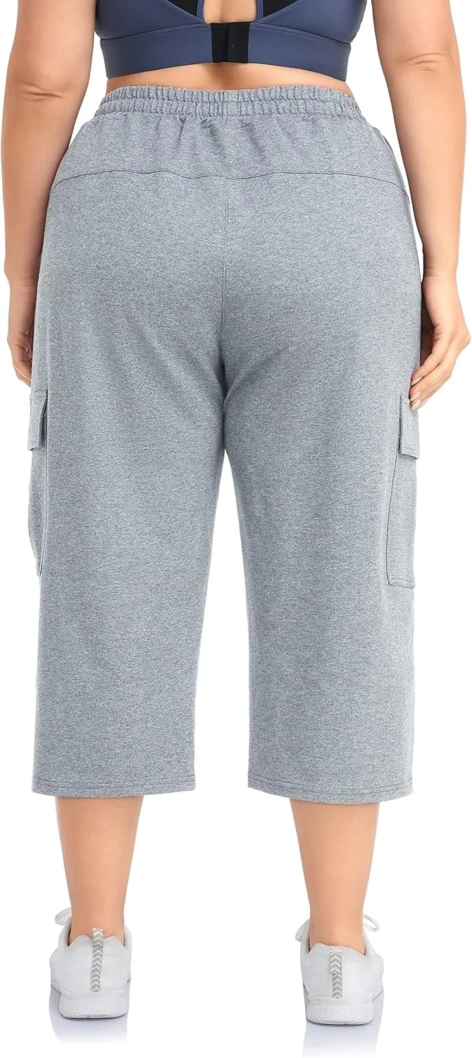 ZERDOCEAN Women's Plus Size Cargo Capri Sweatpants Active Workout Casual Sweat Crop Pants Pockets Drawstring