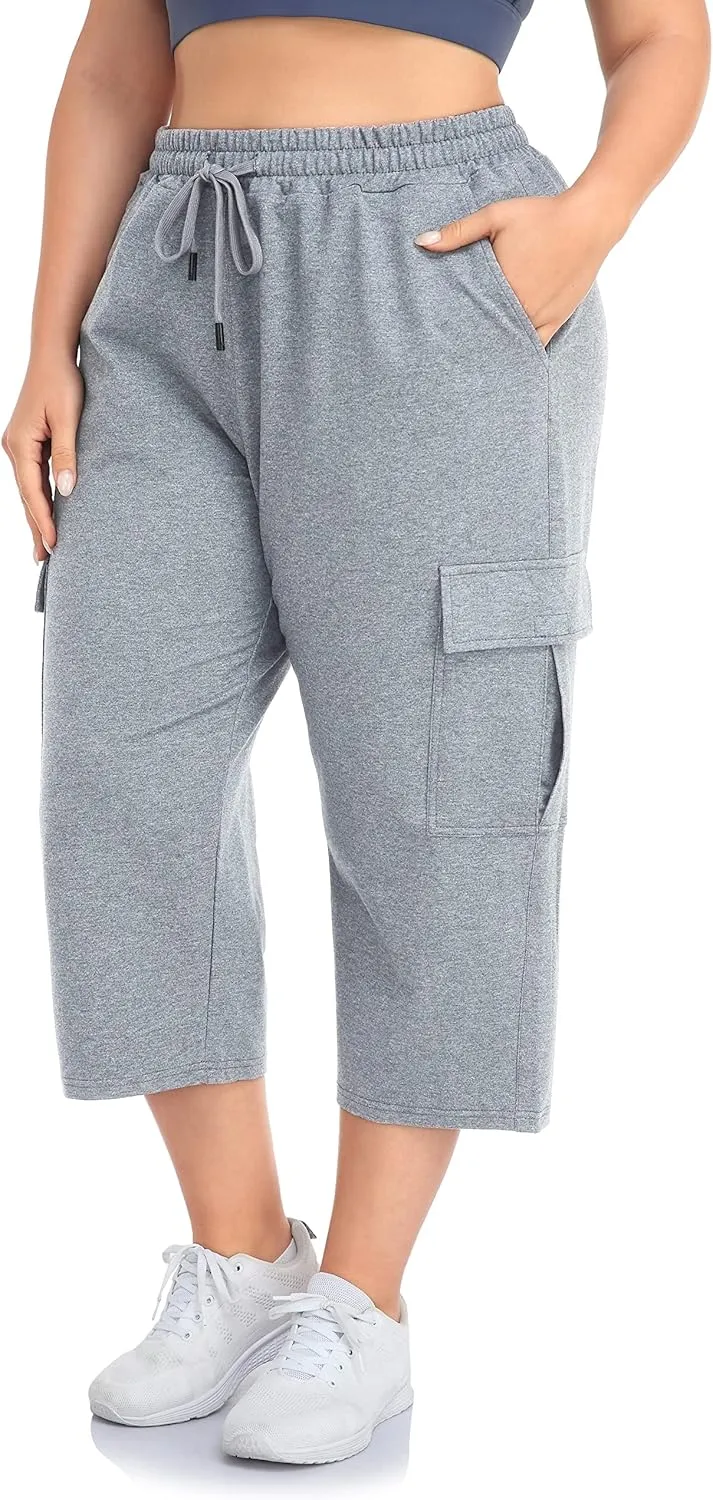 ZERDOCEAN Women's Plus Size Cargo Capri Sweatpants Active Workout Casual Sweat Crop Pants Pockets Drawstring