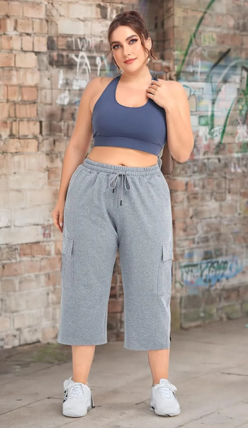 ZERDOCEAN Women's Plus Size Cargo Capri Sweatpants Active Workout Casual Sweat Crop Pants Pockets Drawstring